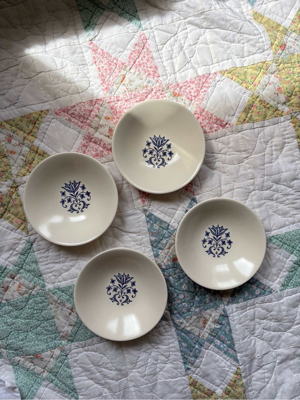 Set of 4 Vintage Ceramic Dessert Bowls Blue Floral Motif Scandinavian MCM Retro
